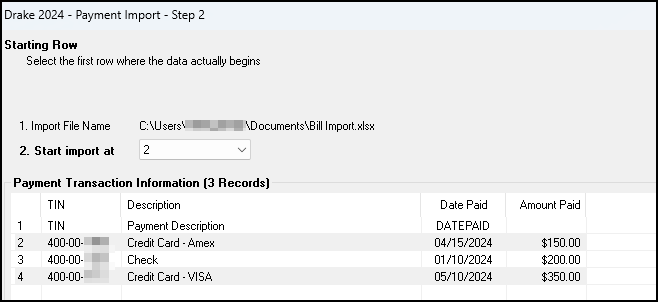 Image of Step 2 in the Payment Import process